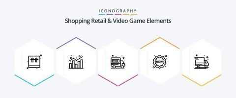 Shoping Retail And Video Game Elements 25 Line icon pack including delivery van. shopping. statistics. new. badge vector