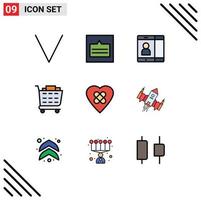 Mobile Interface Filledline Flat Color Set of 9 Pictograms of spacecraft heart mobile heal checkout Editable Vector Design Elements