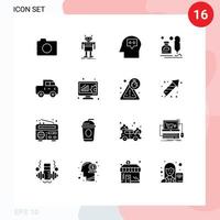 Modern Set of 16 Solid Glyphs and symbols such as car letter technology fur ink Editable Vector Design Elements