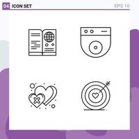 Line Pack of 4 Universal Symbols of passport heart travel protect cross Editable Vector Design Elements