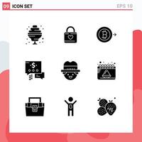 Group of 9 Modern Solid Glyphs Set for calendar gardener bitcoin farmer mail Editable Vector Design Elements