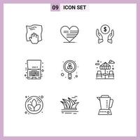 Mobile Interface Outline Set of 9 Pictograms of offer laptop flag discount protection Editable Vector Design Elements