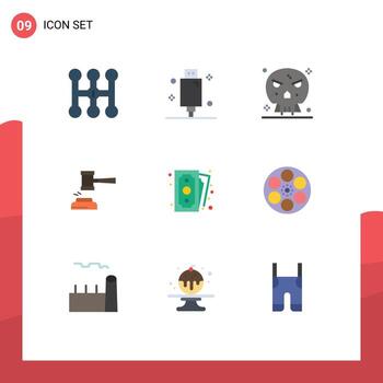 Pictogram Set of 9 Simple Flat Colors of judge gavel bones court action Editable Vector Design Elements