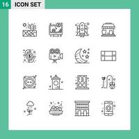 Pack of 16 Modern Outlines Signs and Symbols for Web Print Media such as transaction card rocket shop protection Editable Vector Design Elements