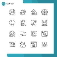 Mobile Interface Outline Set of 16 Pictograms of fire sync centre block data pizza Editable Vector Design Elements