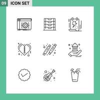 Mobile Interface Outline Set of 9 Pictograms of candy valentines storage heart bolt Editable Vector Design Elements