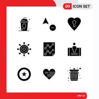 Modern Set of 9 Solid Glyphs Pictograph of paper data heart analytics marine Editable Vector Design Elements