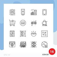 Editable Vector Line Pack of 16 Simple Outlines of checkout call rank phone cell Editable Vector Design Elements