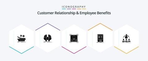 Customer Relationship And Employee Benefits 25 Glyph icon pack including labortary. graph. sheild. layout. profile image vector