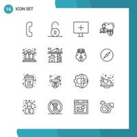 Mobile Interface Outline Set of 16 Pictograms of office bank virus heart home Editable Vector Design Elements