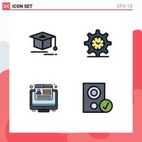 Filledline Flat Color Pack of 4 Universal Symbols of cap browser gear watch computers Editable Vector Design Elements