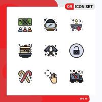 Universal Icon Symbols Group of 9 Modern Filledline Flat Colors of unlock fire spa axe food Editable Vector Design Elements