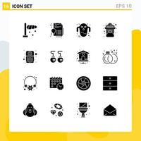 Pack of 16 Modern Solid Glyphs Signs and Symbols for Web Print Media such as sound computer ghoul gold hat Editable Vector Design Elements