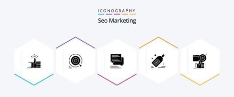 seo márketing 25 glifo icono paquete incluso etiqueta. SEO flecha. burbuja. mensajes vector