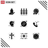 9 User Interface Solid Glyph Pack of modern Signs and Symbols of cd plug d mind head Editable Vector Design Elements