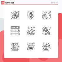 Modern Set of 9 Outlines Pictograph of storage hosting shield database kiwi Editable Vector Design Elements