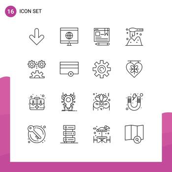 moderno conjunto de dieciséis contornos pictografía de Ingenieria Ciencias aplicado Ciencias texto de madera cucharón editable vector diseño elementos