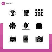 Group of 9 Modern Solid Glyphs Set for leaf science document setting cog Editable Vector Design Elements