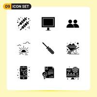 Set of 9 Vector Solid Glyphs on Grid for tool screw contact spring brightness Editable Vector Design Elements