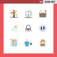 Mobile Interface Flat Color Set of 9 Pictograms of hearts cloudy cart sun sky Editable Vector Design Elements