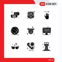 9 Universal Solid Glyph Signs Symbols of security camera gestures basket ball play Editable Vector Design Elements