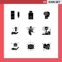 Solid Glyph Pack of 9 Universal Symbols of christian hand solution working mechanism Editable Vector Design Elements