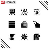 Set of 9 Commercial Solid Glyphs pack for building address work wireframe business location Editable Vector Design Elements