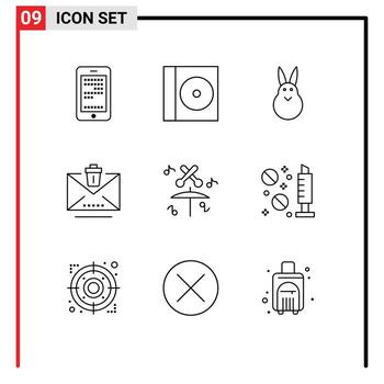Editable Vector Line Pack of 9 Simple Outlines of multimedia drum easter trash email Editable Vector Design Elements