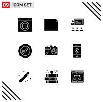 Universal Icon Symbols Group of 9 Modern Solid Glyphs of camera success teamwork ok management Editable Vector Design Elements