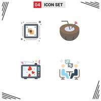 Group of 4 Flat Icons Signs and Symbols for central love processing coconut drink passion Editable Vector Design Elements