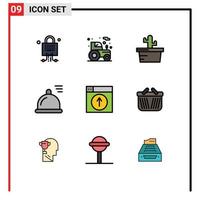 Mobile Interface Filledline Flat Color Set of 9 Pictograms of design up cactus upload dish Editable Vector Design Elements