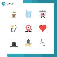 9 Thematic Vector Flat Colors and Editable Symbols of location solution analysis human bulb Editable Vector Design Elements