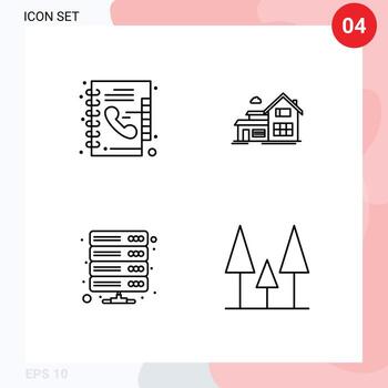 Line Pack of 4 Universal Symbols of book database phone book building storage Editable Vector Design Elements
