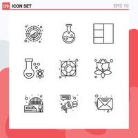 Modern Set of 9 Outlines Pictograph of leaves lifesaver grid help science Editable Vector Design Elements