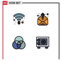 4 Universal Filledline Flat Color Signs Symbols of cafe intersection contact mailing money Editable Vector Design Elements
