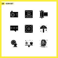 9 User Interface Solid Glyph Pack of modern Signs and Symbols of mechanic electric camera message bubble Editable Vector Design Elements