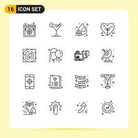 Modern Set of 16 Outlines and symbols such as maze love drop heart bio Editable Vector Design Elements