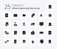 Software Engineering And Video Gaming 25 Solid Glyph icon pack including install. cd. software. folder. directory vector