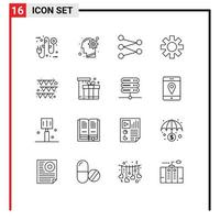 Mobile Interface Outline Set of 16 Pictograms of paper festival solution gear setting Editable Vector Design Elements