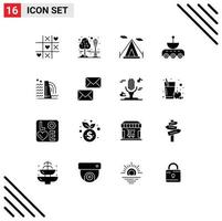 Pack of 16 creative Solid Glyphs of construction space beach tent signal satellite Editable Vector Design Elements