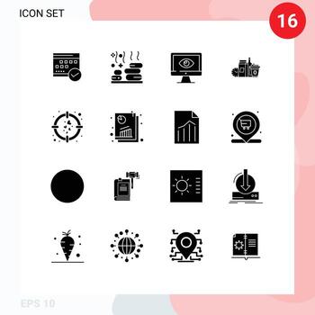 16 Universal Solid Glyphs Set for Web and Mobile Applications food video spa surveillance online Editable Vector Design Elements