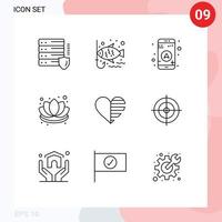 Mobile Interface Outline Set of 9 Pictograms of like heart gps lotus decorations Editable Vector Design Elements
