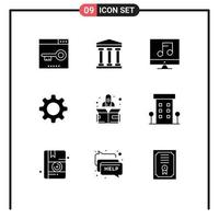 Pictogram Set of 9 Simple Solid Glyphs of up rocket audio gear cog Editable Vector Design Elements