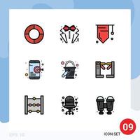 Mobile Interface Filledline Flat Color Set of 9 Pictograms of color mobile badge target goal Editable Vector Design Elements