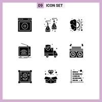 Mobile Interface Solid Glyph Set of 9 Pictograms of tv marketing brain broadcast thinking Editable Vector Design Elements