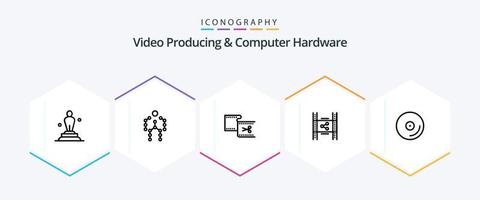 Video Producing And Computer Hardware 25 Line icon pack including movie. distribution. human. movie. edit vector