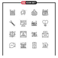 Group of 16 Outlines Signs and Symbols for building wrench man online content Editable Vector Design Elements