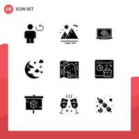 Group of 9 Modern Solid Glyphs Set for location sky laptop night cloud Editable Vector Design Elements