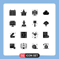 Modern Set of 16 Solid Glyphs and symbols such as internet blog browser overcast cloud Editable Vector Design Elements