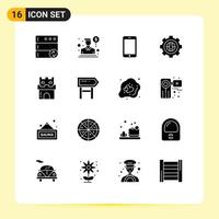 Mobile Interface Solid Glyph Set of 16 Pictograms of castle gear mobile development cogwheel Editable Vector Design Elements